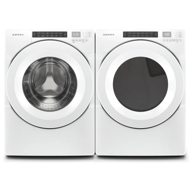 Amana washer & dryer set - 27 inch, 5 cu.ft / 7.4 cu.ft, front load, stackable, white - NFW5800HW & YNED5800HW