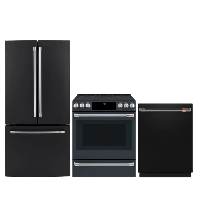 GE Café black kitchen set - 18.6 cu. ft. refrigerator, 30" stove, 24" dishwasher - CWE19SP3MD1, CCES700P3ND1 & CDT888P3VD1
