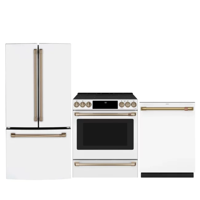 GE Café white kitchen set - 18.6 cu. ft. refrigerator, 30" stove, 24" dishwasher - CWE19SP4MW2, CCES700P4MW2 & CDT888P4VW2