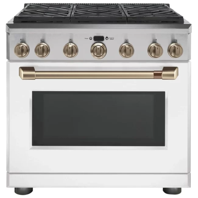 Cuisinière à biénergie GE Café – 36 pouces, 6 brûleurs, blanc mat – C2Y366P4MW2
