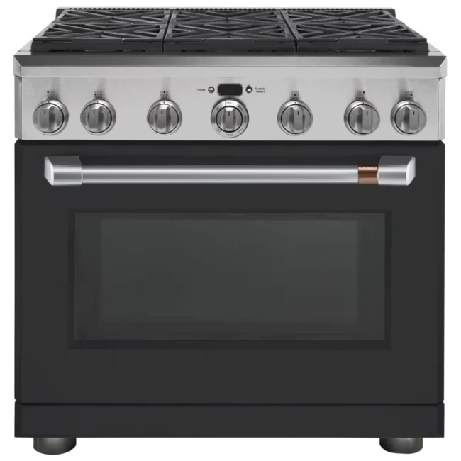 Cuisinière à biénergie GE Café – 36 pouces, 6 brûleurs, noir mat – C2Y366TP3PD1
