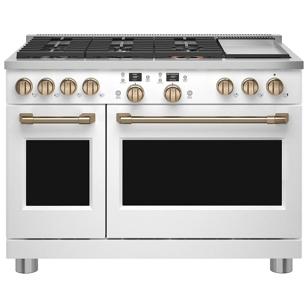 Cuisinière à biénergie GE Café – 48 pouces, four double 8,25 pi³, blanc mat – C2Y486P4TW2