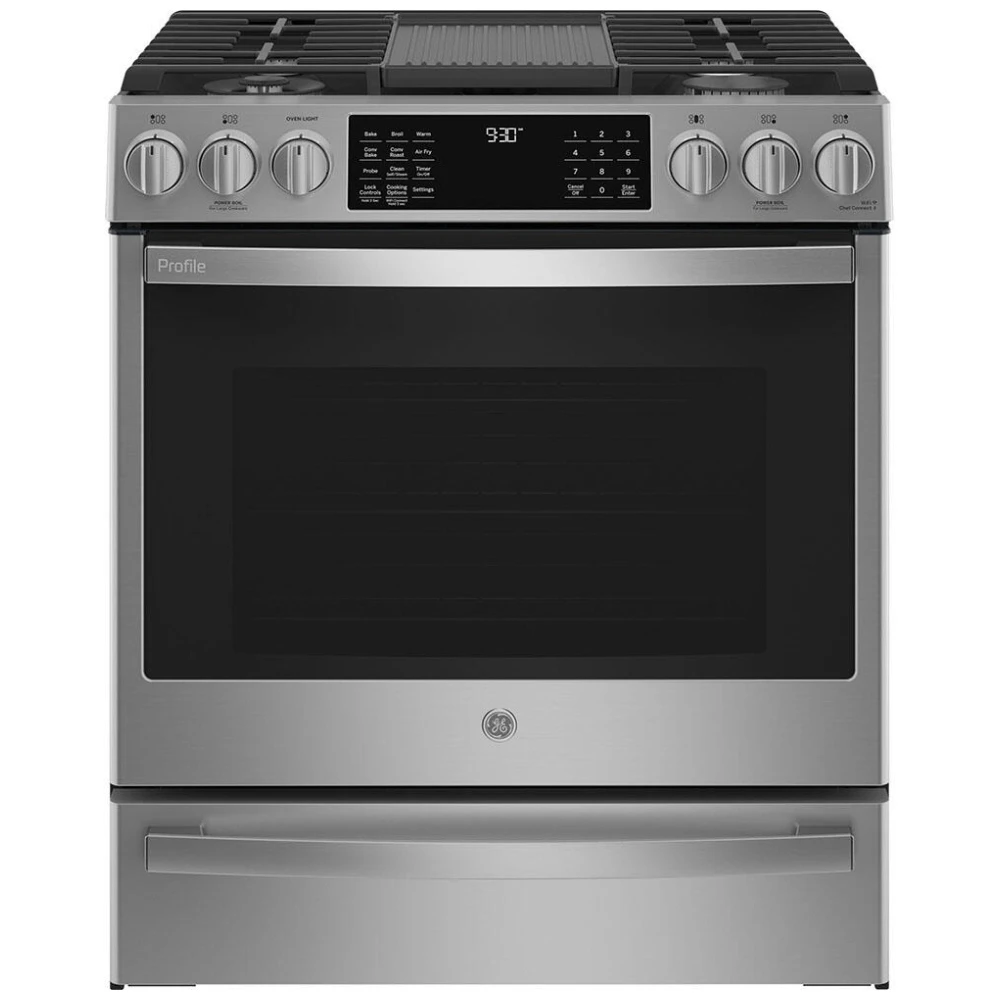 Cuisinière à gaz GE Profile – 30 pouces, 5,6 pi³, convection véritable, inox – PCGS930YPFS