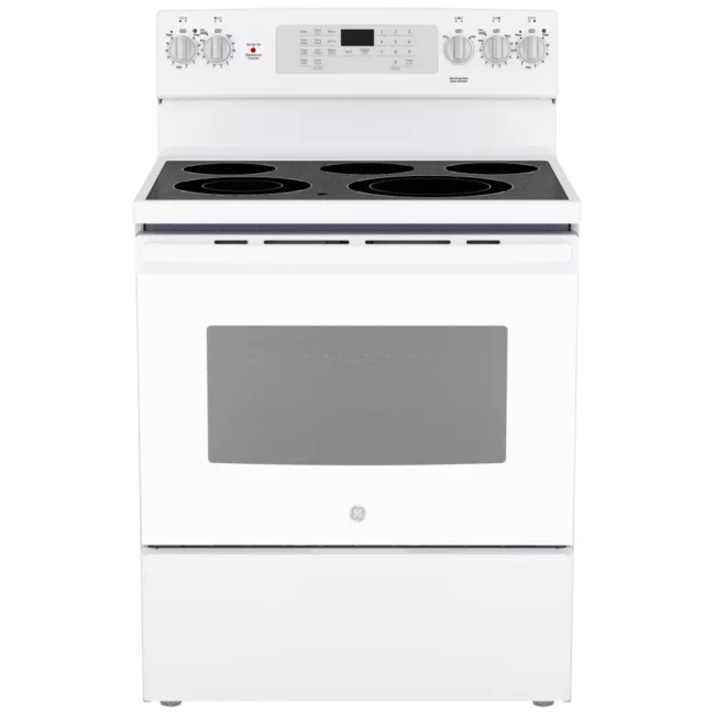 Cuisinière électrique GE – 30 pouces, 5 pi³, convection véritable, blanc – JCB840DVWW