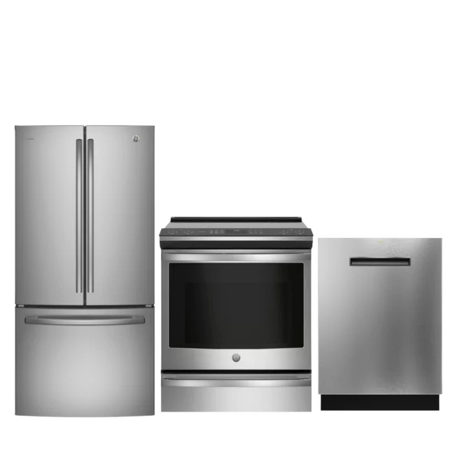GE Profile kitchen set - 24.8 cu. ft. refrigerator, 30" induction stove, 24" dishwasher - PNE25NYRKFS, PCHS920YMFS & PBT700SSVFS