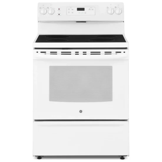 Cuisinière électrique GE, 30 pouces, 5 pi³, 4 brûleurs, blanche – JCBS630DKWW