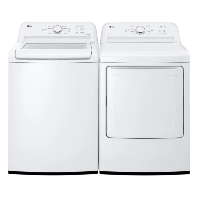 LG top load washer dryer set - 27 inches, 5.6 cu. ft. + 7.3 cu. ft., white - WT7155CW & DLE6100W