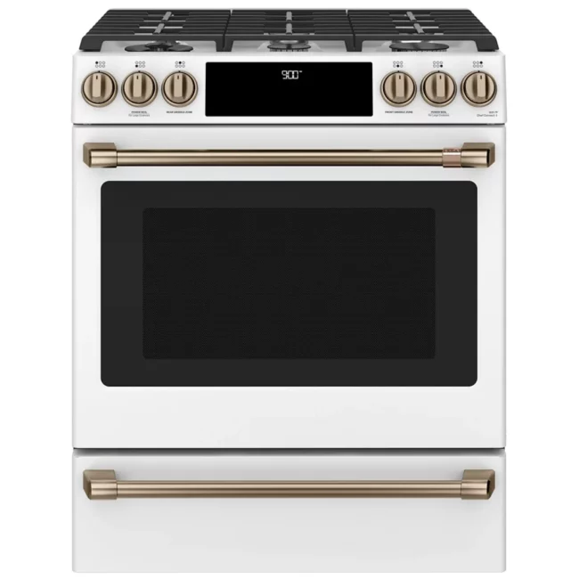 Cuisinière Café blanc mat 30 pouces, 5,7 pi³, biénergie – CC2S900P4MW2