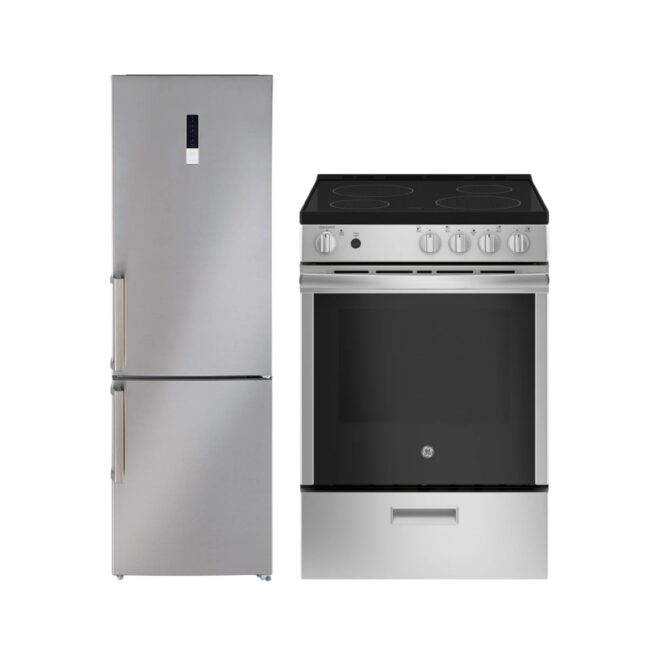 24-inch compact kitchen set - Moffat refrigerator and GE range - MBE11DSVSS & JCAS640RMSS