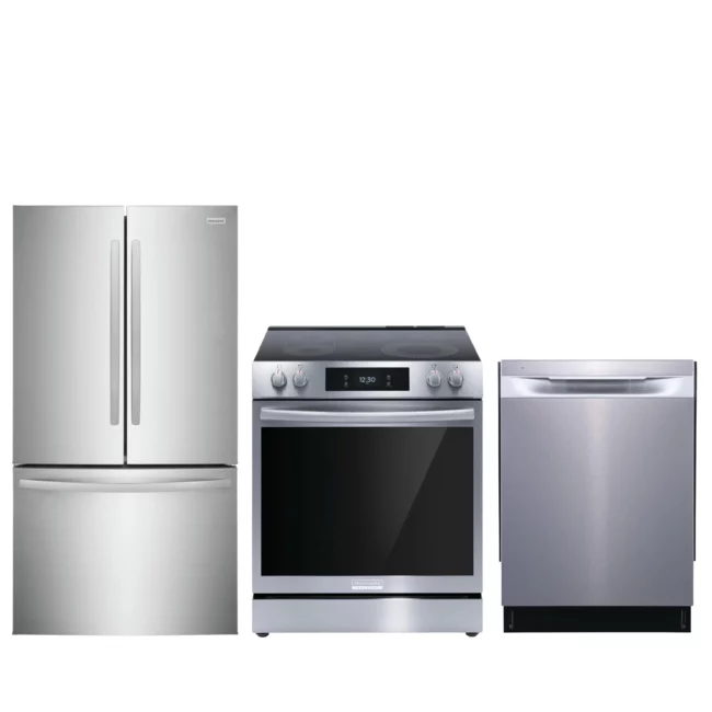 Frigidaire stainless steel kitchen set - refrigerator, electric stove and dishwasher - FRFN2823AS + FDHP4336AS + GCFE306CBF