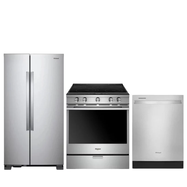 Whirlpool stainless steel kitchen set - side-by-side refrigerator, stove and dishwasher - WRS312SNHM + YWEEA25H0HZ + WDT540HAMZ