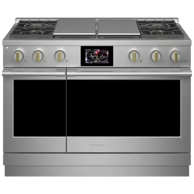 Cuisinière à biénergie Monogram – 48 pouces, four double 8,25 pi³, inox – ZDP484NGTSS