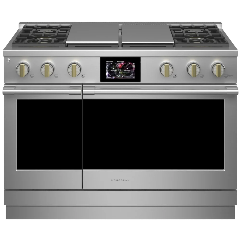 Cuisinière à biénergie Monogram – 48 pouces, four double 8,25 pi³, inox – ZDP484NGTSS