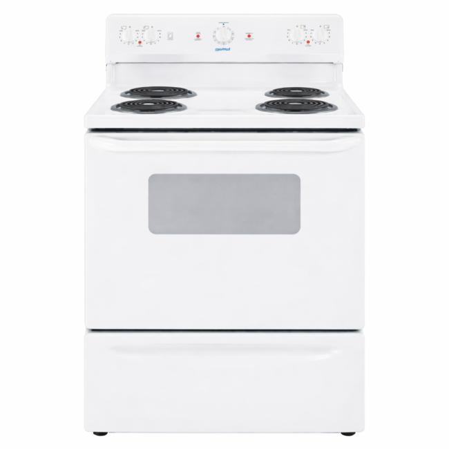 Cuisinière électrique Moffat – 30 pouces, 5 pi³, 4 brûleurs, blanc – MCBS523DN2WW