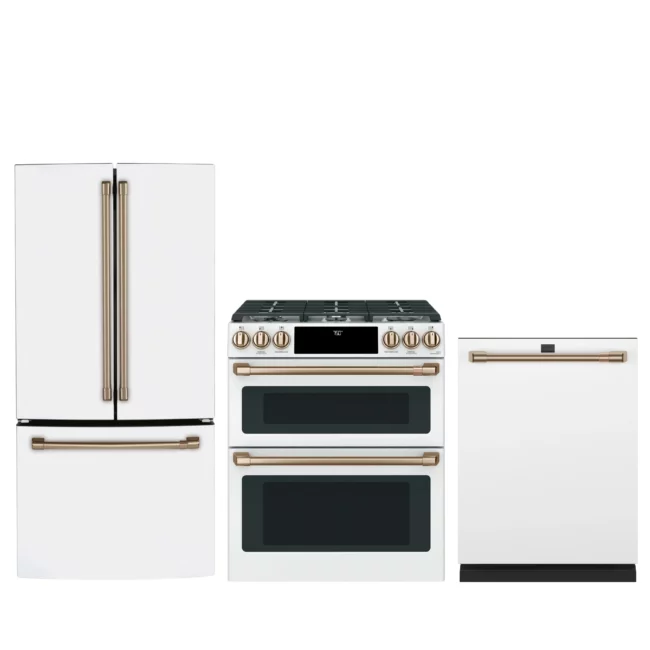 GE Café white kitchen set - 33" refrigerator + double oven gas range + 39 dB dishwasher - CCGS750P4MW2 + CWE19SP4NW2 + CDT875P4NW2