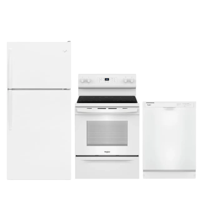 Whirlpool white kitchen set - 30-inch refrigerator + electric range + 24-inch dishwasher - WRT148FZDW + YWFES3330RW + WDF341PAPW