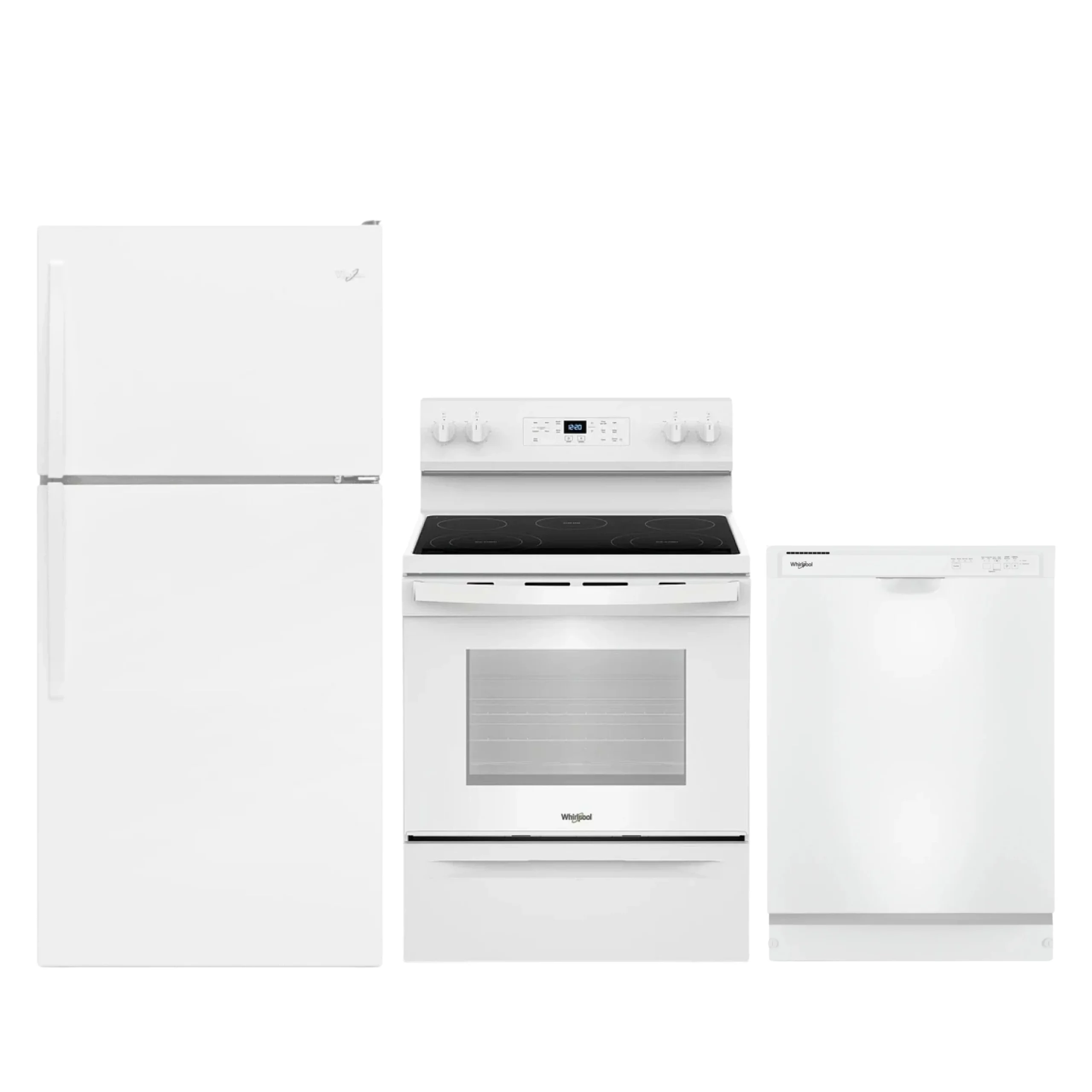 Whirlpool white kitchen set - 30-inch refrigerator + electric range + 24-inch dishwasher - WRT148FZDW + YWFES3330RW + WDF341PAPW