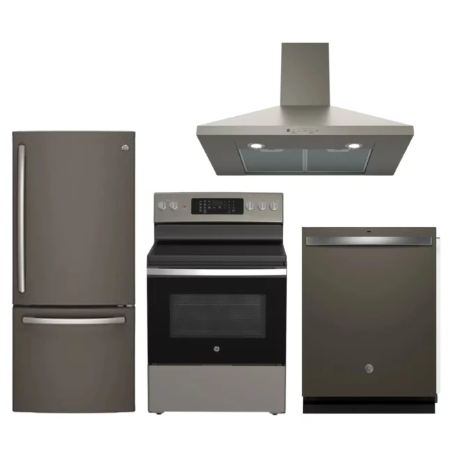 GE slate kitchen appliance package – refrigerator, range, hood and dishwasher – GDE21DMKES + JCB840ETES + JVW5301EJESC + GDT650SMVES