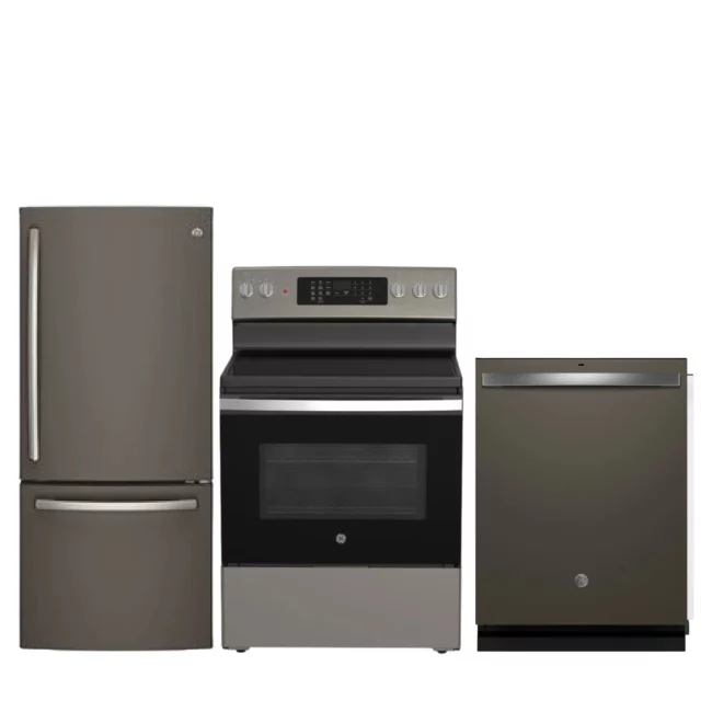 GE slate kitchen set - refrigerator, electric range and dishwasher - GDT650SMVES + GDE21DMKES + JCB840ETES