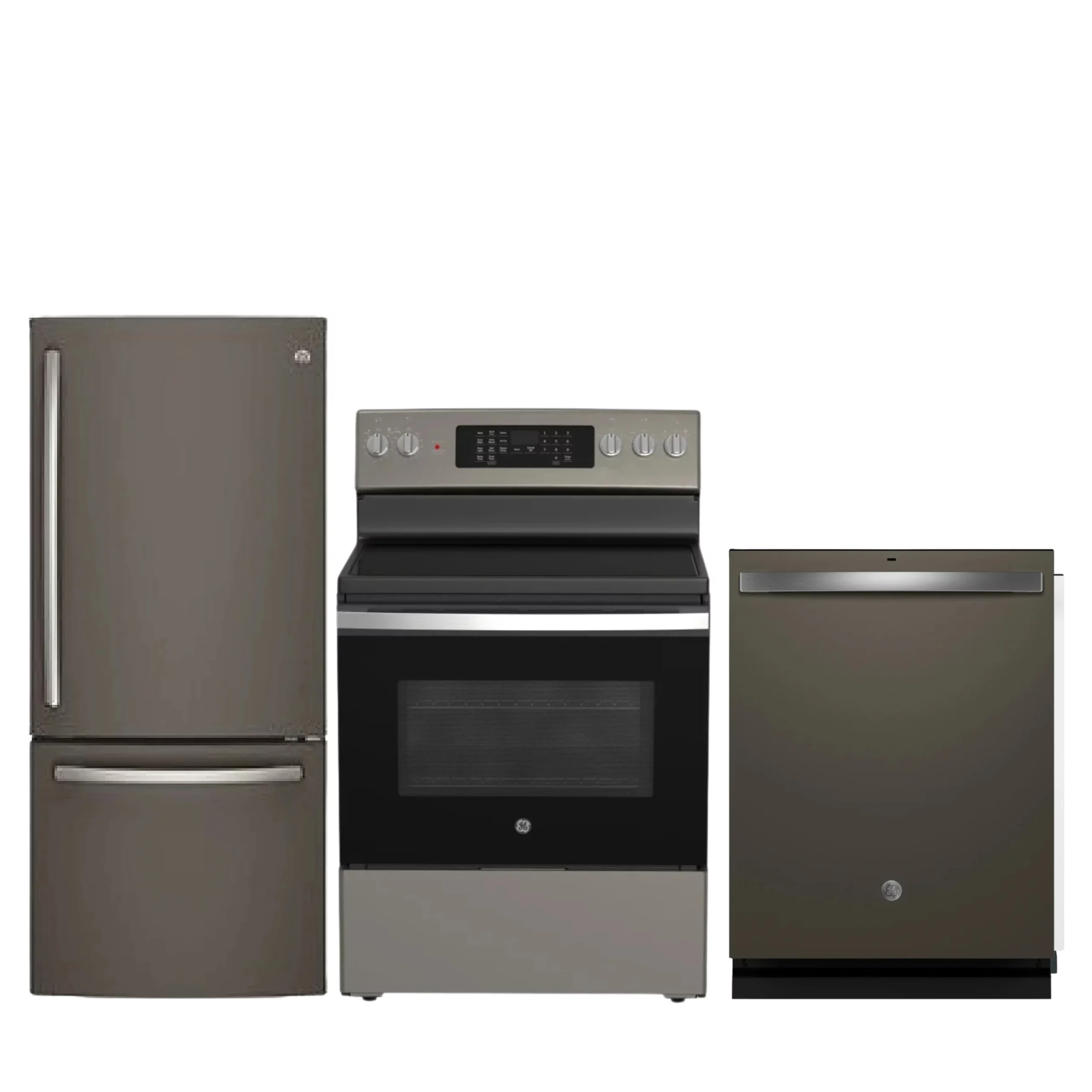 GE slate kitchen set - refrigerator, electric range and dishwasher - GDT650SMVES + GDE21DMKES + JCB840ETES