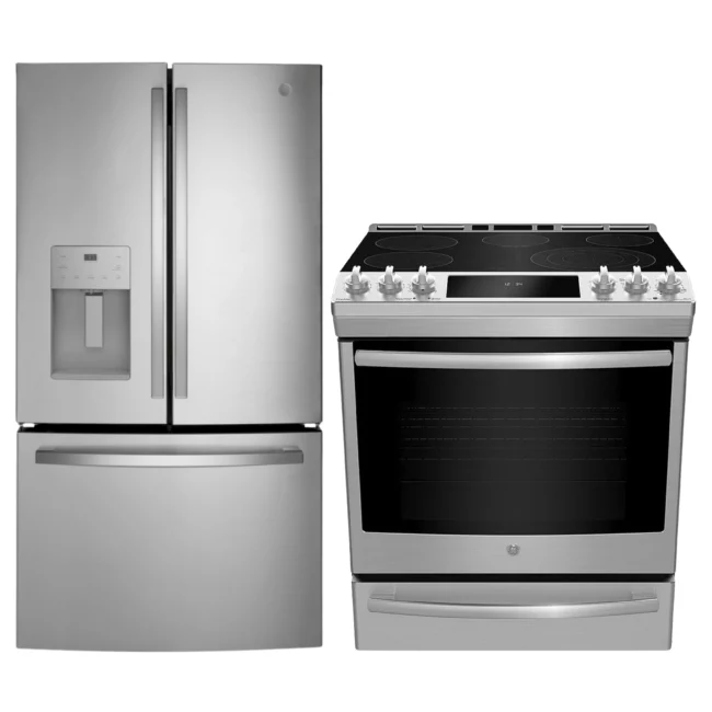 Ensemble cuisine GE – réfrigérateur portes françaises et cuisinière électrique inox - GFE26JYMFS & PCS940YMFS
