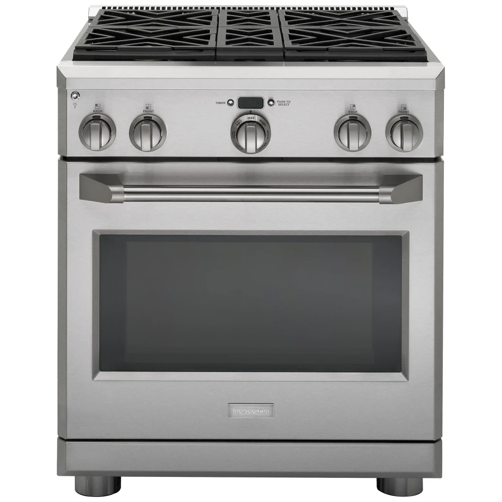 Cuisinière à biénergie Monogram – 30 pouces, 5,3 pi³, convection, autonettoyante, 4 brûleurs, inox – ZDP304NP8SS