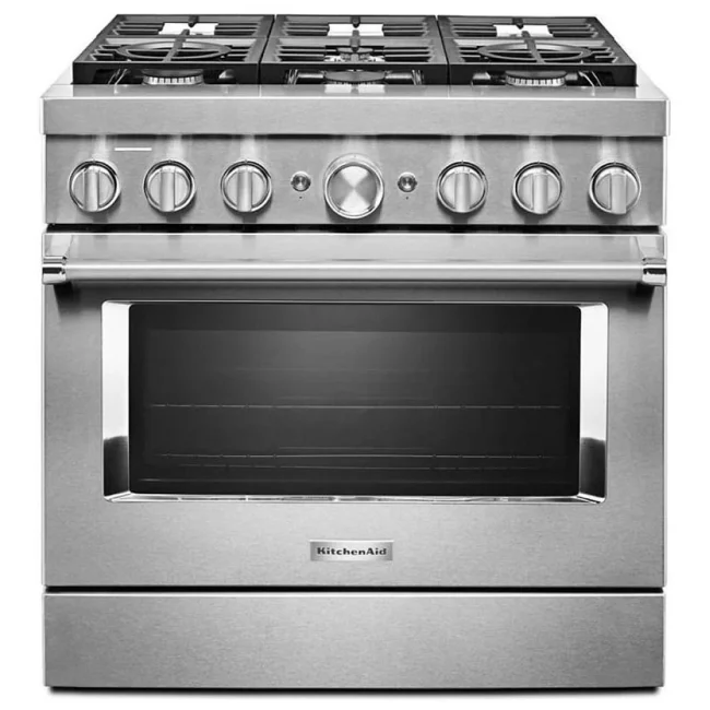 Cuisinière KitchenAid – 36 pouces, 5,1 pi³, biénergie, inox – KFDC506JSS