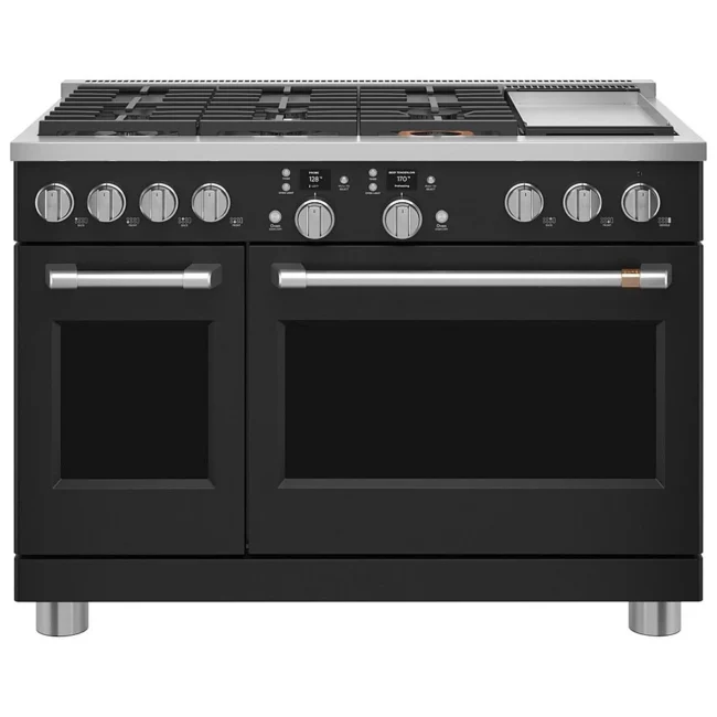 Cuisinière Café noir mat 48 pouces, 8,25 pi³, biénergie, double four – C2Y486P3TD1