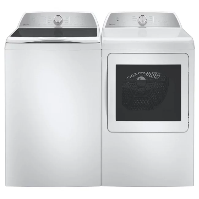 Ensemble laveuse-sécheuse GE Profile – 28 pouces, 6,2 pi³ / 7,4 pi³, blanc – PTW705BSTWS & PTD60EBMROWS