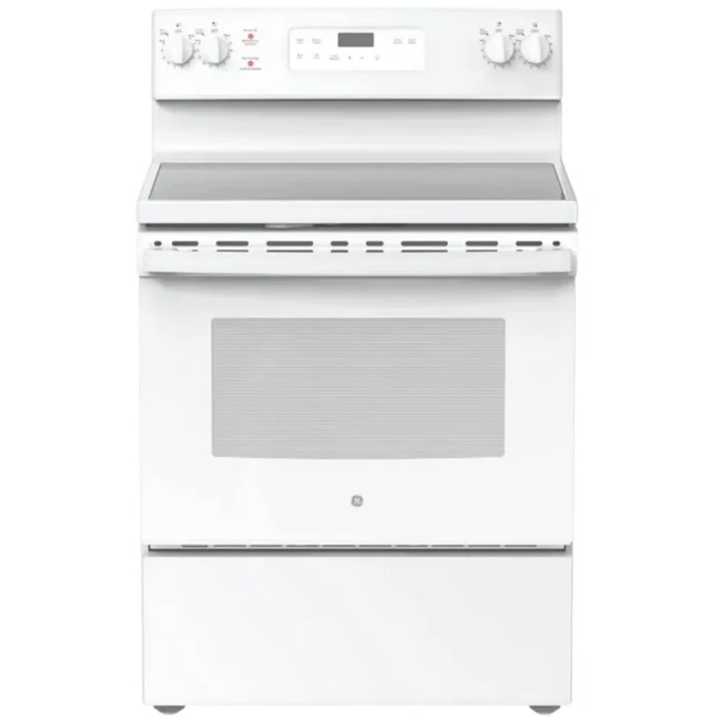 Cuisinière électrique GE blanc 30 pouces, 5,3 pi³, tiroir de rangement – JCB635DKWW