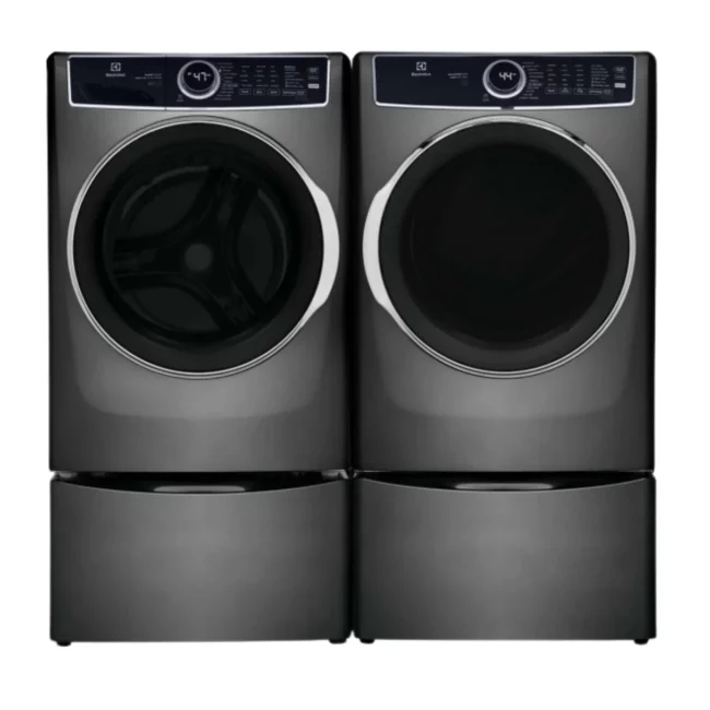 Electrolux Titanium 27-inch, 5.2 + 8.0 cu. ft. washer-dryer set with pedestals - ELFW7637AT & ELFE763CAT + EPWD257UTT