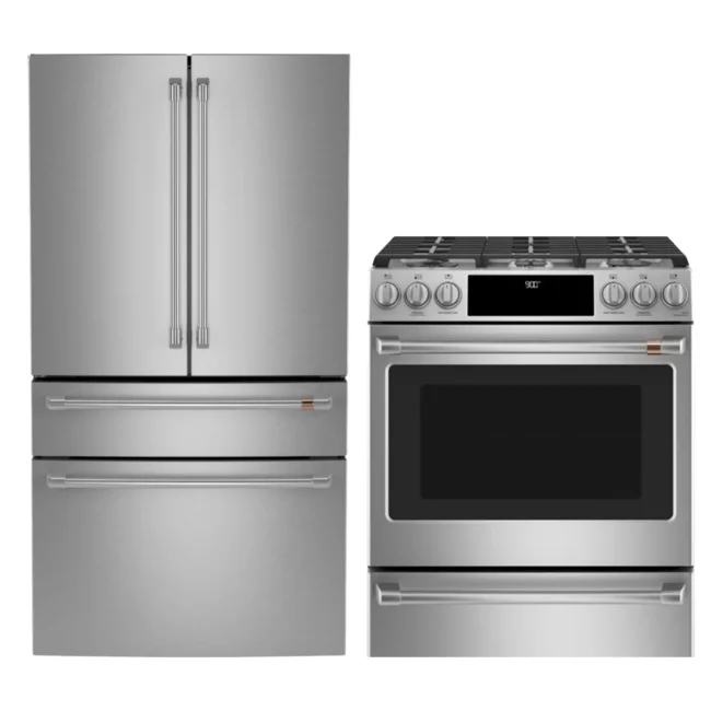 GE Café stainless steel kitchen set, refrigerator + dual energy stove - CJE23DP2WS1 | CC2S900P2MS1