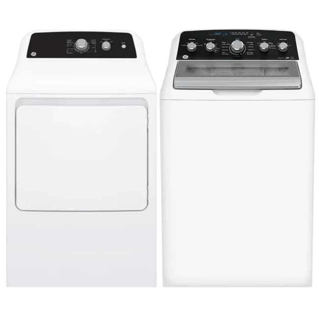 Ensemble laveuse-sécheuse GE blanc 27 pouces, 4,9 + 6,2 pi³ – GTW491BMRWS & GTX34EBMRWS